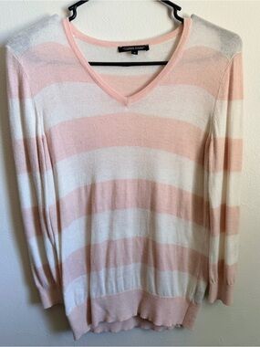 JEANNE PIERRE Pink and White Striped V-Neck Sweater Cashmere